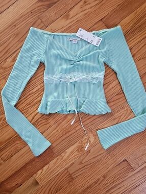 Kimchi Blue Mint Green Ribbed Lace-Trim Long Sleeve Top